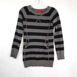 Liv Stripe Sweater Womens M Black Grey Pockets Casual Long Sleeve Knit Y2K Retro